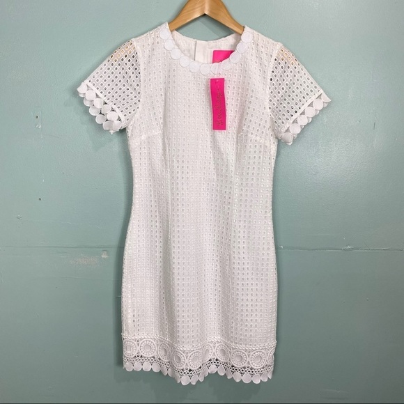Lilly Pulitzer Jennifer Shift Dress White Grid Eyelet Lace‎ 003857 Sz 2 - Picture 1 of 6